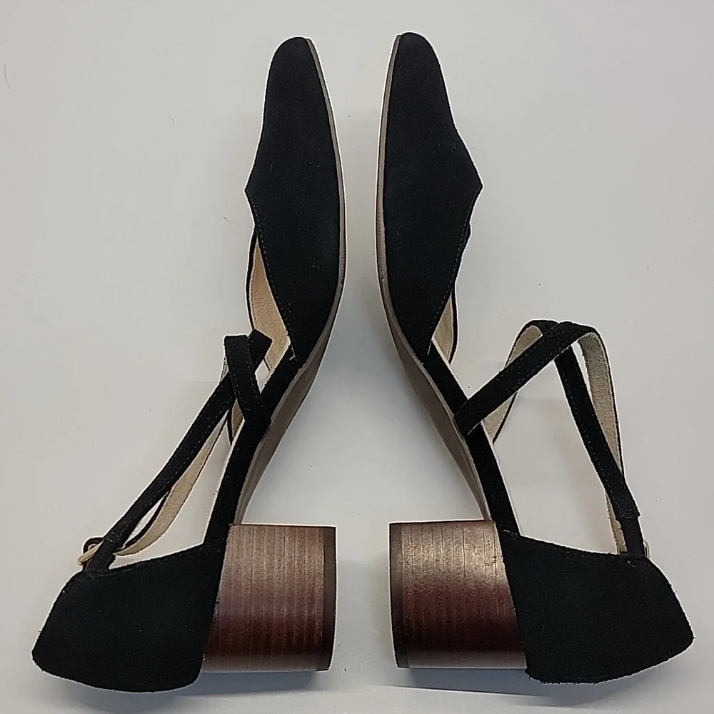 HUSH PUPPIES Sofie Cross Strap Black Suede Leather Womens Sz 9 Mid Block Heels‎